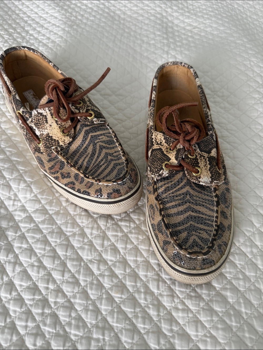 Brown Sperry Animal Print Boat Shoes with Sequins